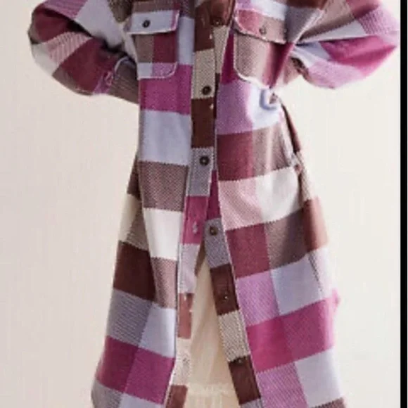 Free People - We The Free - Oversized plaid fleece jacket with elbow patch- S - Picture 4 of 7